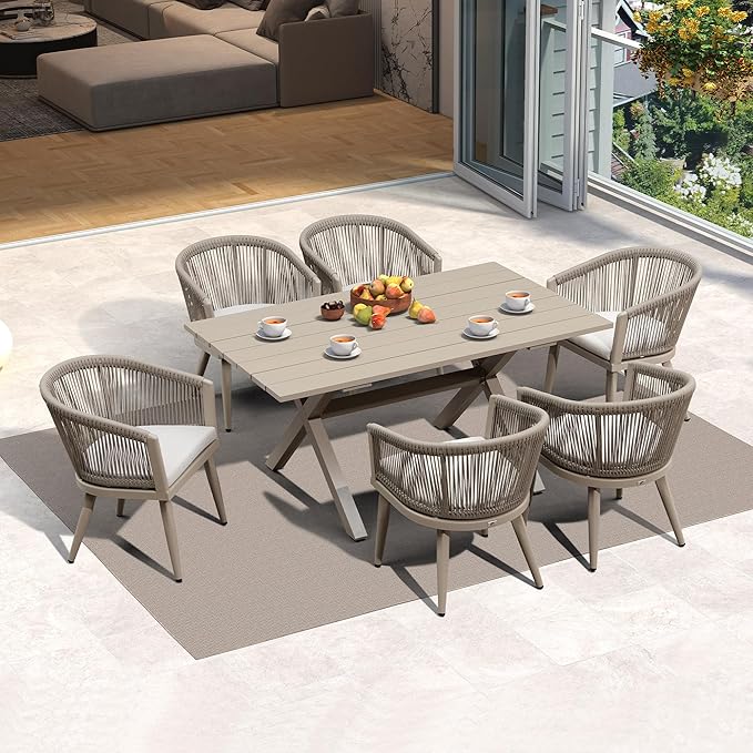 PURPLE LEAF Outdoor Dining Set with Waterproof Furniture Cover 7-Piece All-Weather Patio Set for 6 with Champagne Aluminum Table Rope Weave Chairs and Cushions, Champagne