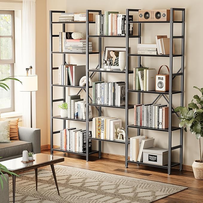 SUPERJARE Triple Bookshelf, Bookcase with 14 Open Display Shelves, Wide Book Shelf Book Case for Home & Office, 5 Tier, Black