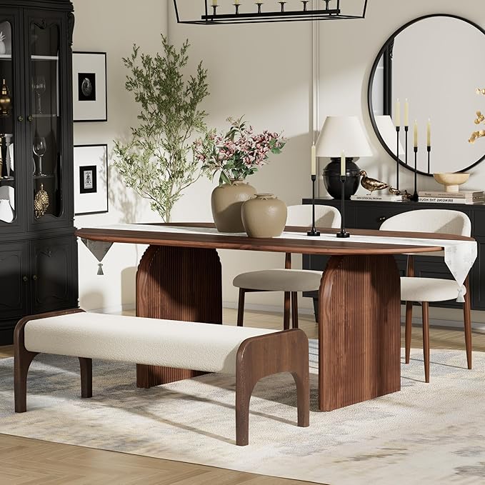 4-Piece Mid-Century Modern Dining Table Set, 63" Walnut Rectangular Table with 2 Dining Chairs & Bench, Dining & Kitchen Room Set for 4, Space-Saving Rustic Dining Set, Beige