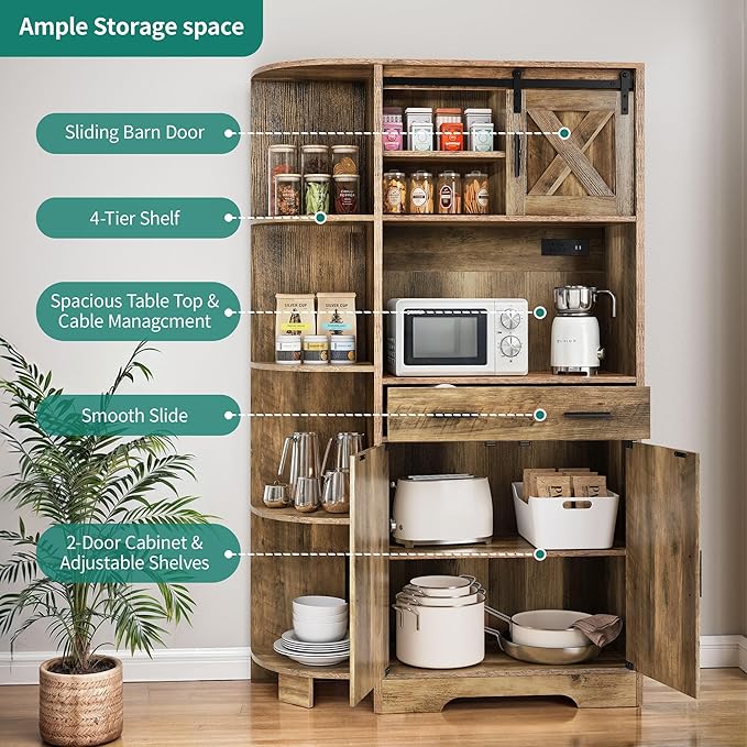 YITAHOME 67" Farmhouse Kitchen Pantry with Power Outlet, Sliding Barn Door Storage Cabinet w Charging Station, Freestanding Hutch with Shelves & Drawer, Microwave Stand Cupboard for Dining Room, Oak