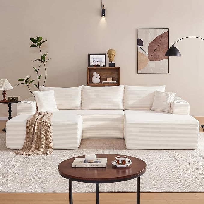 Mangodan 110” Cloud Sectional Couch, Boneless Sofa for Living Room, Modular Sectional Sofa with Deep Seat, Comfy Fluffy U-Shaped Couch with Right-Facing Chaise, No Assembly Required, Beige