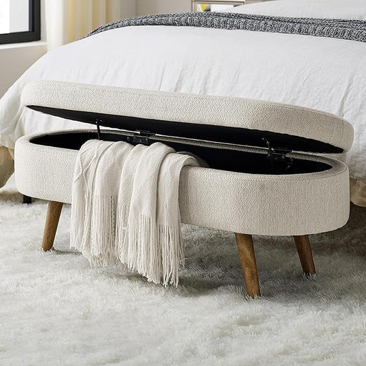 43.5" Ottoman with Storage, Storage Ottoman Bench with Safety Hinge, Linen End of Bed Bench, Upholstered Entryway Bench for Bedroom, Living Room & Window, Holds up to 330 lb, Beige