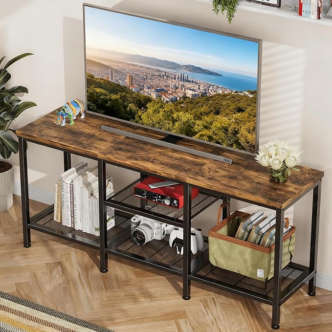 Simple Trending TV Stand for 50 Inch TVs, Entertainment Center with Open Storage Shelves, Media Console Table for Living Room, Rustic Brown