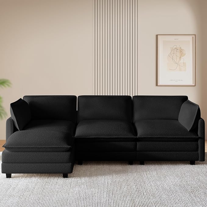 ROWHY 112'' Modular Sectional Cloud Couch with Movable Ottoman, 4 Seat Modern Chenille Sofa with 2 Throw Pillows, Deep Seat L Shaped Couch for Living Room Bedroom Apartment, Black | Arrange Freedom