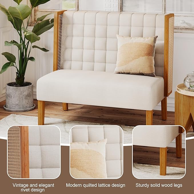Andeworld Loveseat Settee Bench with Rattan Arms, Upholstered Modern Mini High-Back Sofa Couch,Banquette Dining Bench for Living Dining Room Bedroom Office Small Space Entryway，Beige