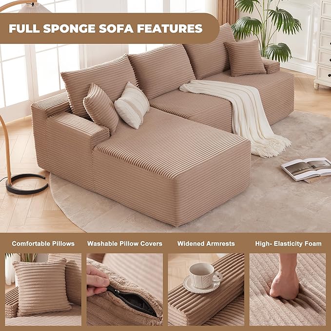 Mangodan Cloud Sectional Couch, Boneless Sofa for Living Room, Modular Sectional Sofa with Deep Seat, Fluffy Comfy Couch with L-Shaped Chaise, No Assembly Required, Camel
