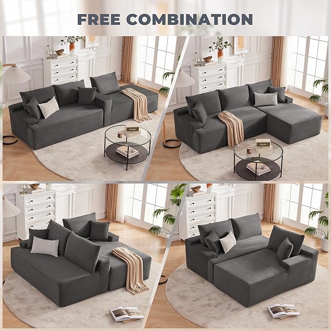 Mangodan Cloud Sectional Sofa, Boneless Couch for Living Room, Modular Sectional Sofa with Deep Seat, Fluffy L-Shaped Comfy Couch with Right-Facing Chaise, No Assembly Required, Grey