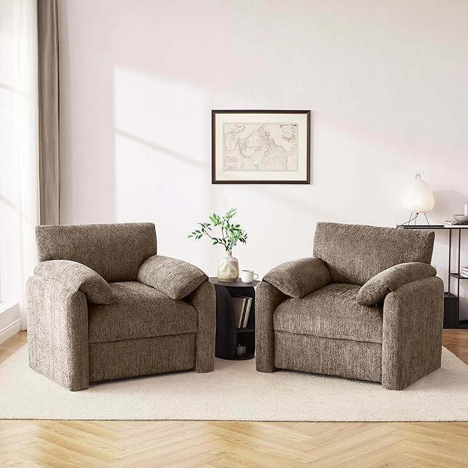Howjoe Chenille Oversized Armchair, 38.6'" Wide Accent Chairs for Living Room & Bedroom Modern Lounge Chair, Upholstered Mid-Century Reading Chair (Brwon, 2 Pack)