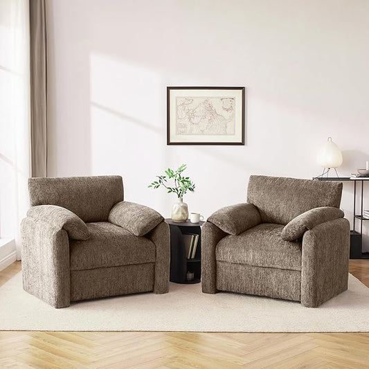 Howjoe Chenille Oversized Armchair, 38.6'" Wide Accent Chairs for Living Room & Bedroom Modern Lounge Chair, Upholstered Mid-Century Reading Chair (Brwon, 2 Pack)