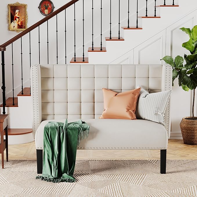 Andeworld Modern Loveseat Settee Bench Sofa Couch, Upholstered Banquette Dining Bench with Back for Dining Living Room Hallway or Entryway Seating,White