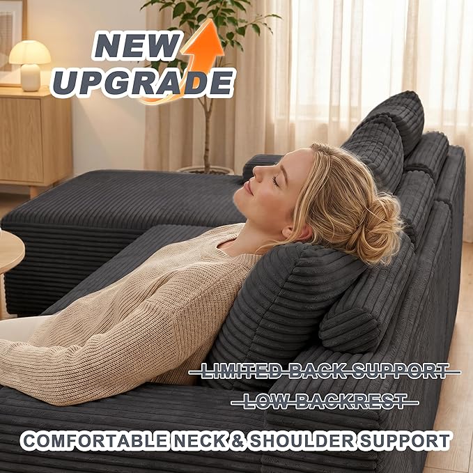 Mangodan Cloud Sectional Sofa, Boneless Couch for Living Room, Modular Sectional Sofa with Deep Seat, Fluffy L-Shaped Comfy Couch with Right-Facing Chaise, No Assembly Required, Grey