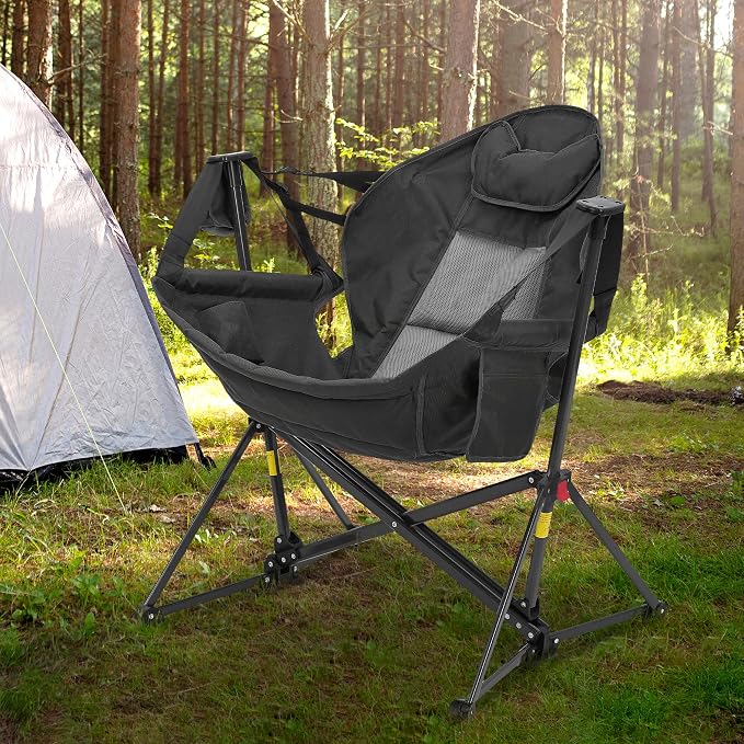 Ainfox Hammock Camping Chair, Foldable Portable Rocking Chairs for Adults Outside Swinging Camp with Cup Holder Pillow for Outdoor Patio Poolside (Black)