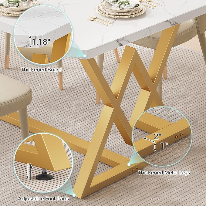 IRONCK 63" Dining Table for 4-6, Modern Rectangular Kitchen Table with Sturdy Metal Frame & Geometric Legs for Dining Room, Easy Clean-Faux Marble Color