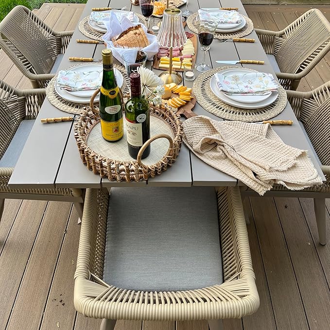 PURPLE LEAF 9 Pieces Outdoor Dining Set All-Weather PE Rattan Outdoor Patio Furniture Set with All Aluminum Frame Rectangular Table and Chairs Set for Lawn Garden Backyard Deck, Champagne