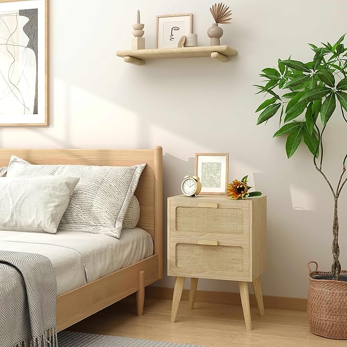 YAUKOMEL Rattan Nightstand, Wood End Table, Side Table with 2 Hand Made Rattan Decorated Drawers,Boho Bedside Table,Wood Accent Table with Storage for Livingroom, Bedroom, Natural CTG59Y
