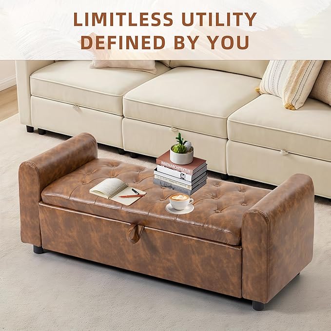 48" Ottoman with Storage, Tufted Storage Ottoman Bench, Convenient Living Room Fabrics Bench Seat, Entryway Shoe Benches with Inner Zipper & Arm, Rivetless Upholstered Window Seat Ottomans, Brown