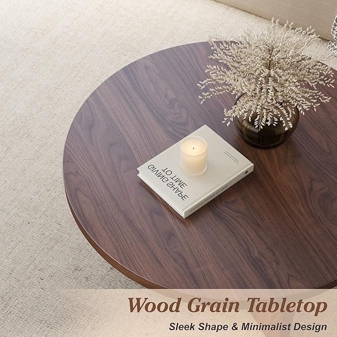 Luoxiao 31.5" Round Coffee Table Mid Century Modern Center Table for Living Room, Minimalist Circle Accent Table for Apartments, Study, Office, Space-Saving, Easy Assembly, Walnut