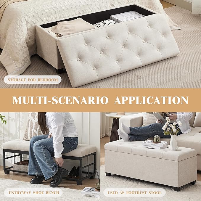 Mangodan 43 Inch Linen Storage Ottoman Bench, Foot Rest with Legs, End of Bed Bench, Storage Chest, Load up to 660 Lb, Ottoman with Storage Bench for Living Room, Bedroom, Entryway (Light Beige)
