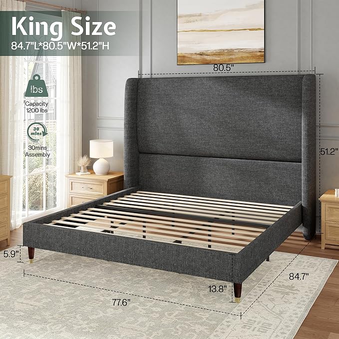 Jocisland King Size Bed Frame 51.2" Wingback Headboard Linen Upholstered Platform Bed,Solid Wood Legs & Wooden Slats,No Box Spring Needed,Noise-Free,for Family Master Suite Cozy Home,Dark Grey