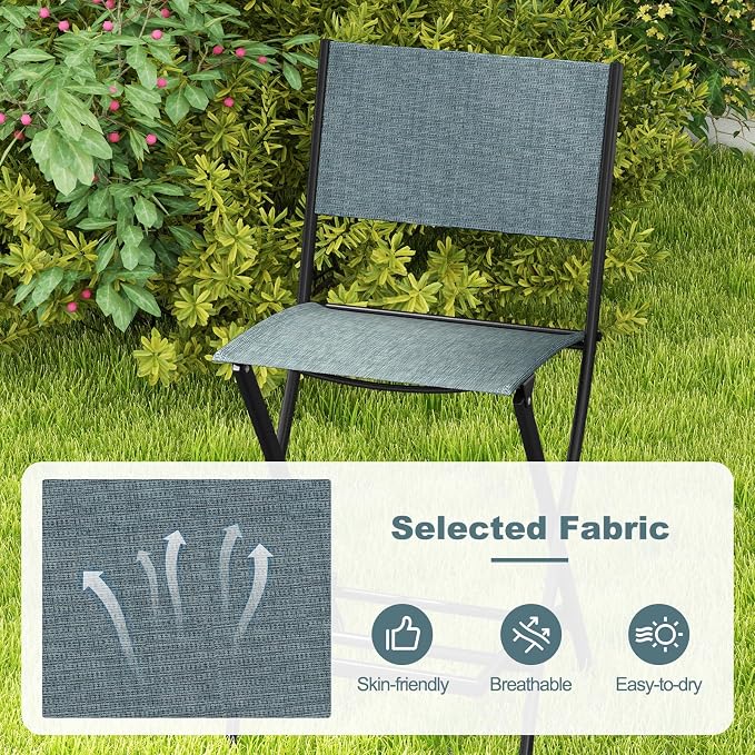 Giantex Folding Patio Bar Chairs Set of 6, Outdoor Counter Height Bar Stools with Footrest & Back, All-Weather Resistant, Metal Frame, for Porch Deck Lawn Garden (Light Blue)