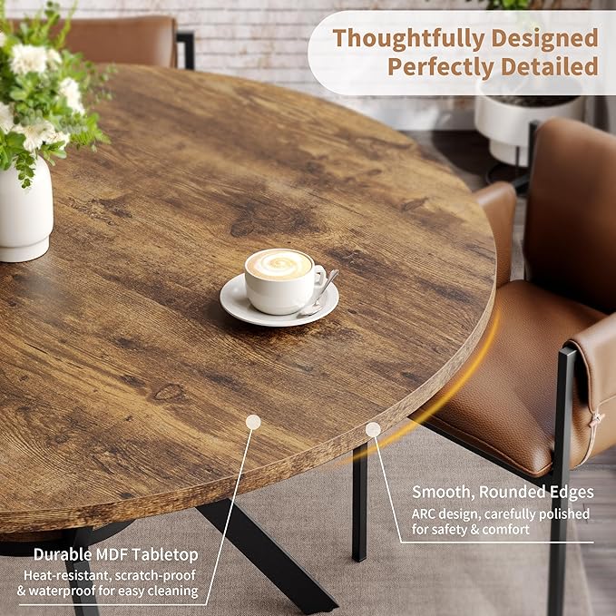 MECHYIN Round Dining Table for 2-4, 42 Inch Wood Kitchen & Dining Room Tables with Storage, Circle Dinner Table with Metal Legs, Space Saving Small Table for Dining Room, Kitchen, Rustic Brown