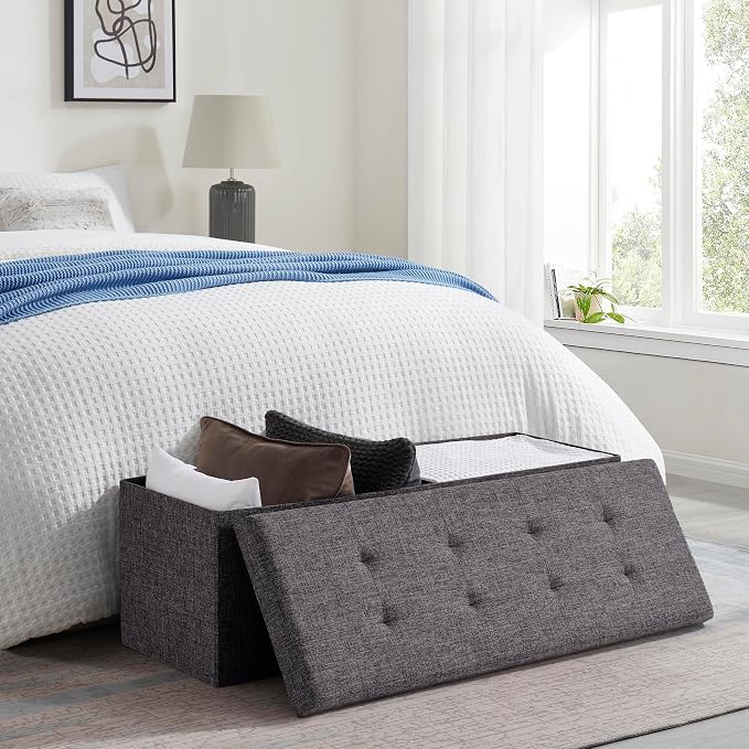 Ornavo Home Folding Storage Ottoman, 43 Inch Extra Large Storage Bench with Lid, Foot Rest Stool for Bedroom, Living Room, Entryway, Tufted Linen Upholstered - Dark Gray