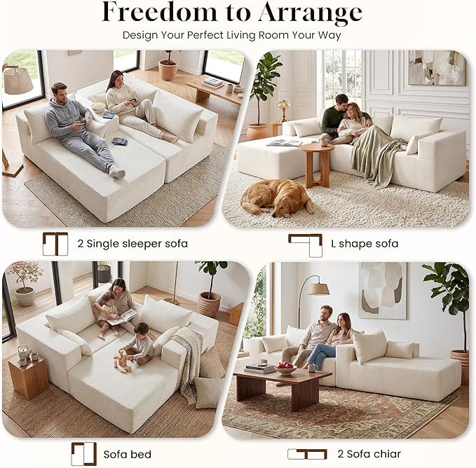 106" Cloud Sectional Boneless Couches for Living Room, Modular L Shaped Couch with Deep Seat Oversized Right Facing Chaise, Memory Foam Compressed Spineless 3 Seater Sofa for Apartment, Beige