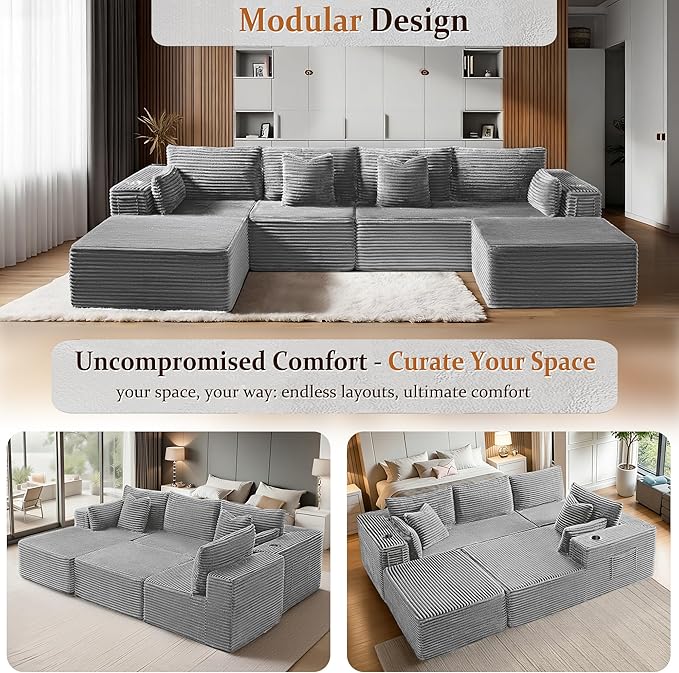 138" Oversized Cloud Sectional Couch, Comfort U Shaped Boneless Couch for Living Room, Extra Deep Seats No Assembly, Modular Sofa, Corduroy (Light Grey, 3 Seater+Right Facing Chaise+Ottoman)