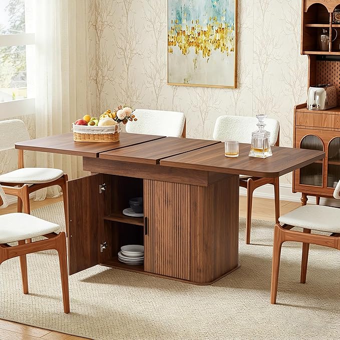 weselon 55"-71" Extendable Dining Table with Storage, Expandable Kitchen Table for 4-6, Space Saving Dining Room Table with Hidden Storage Cabinet, Adjustable Shelves & Fluted Base (Walnut)