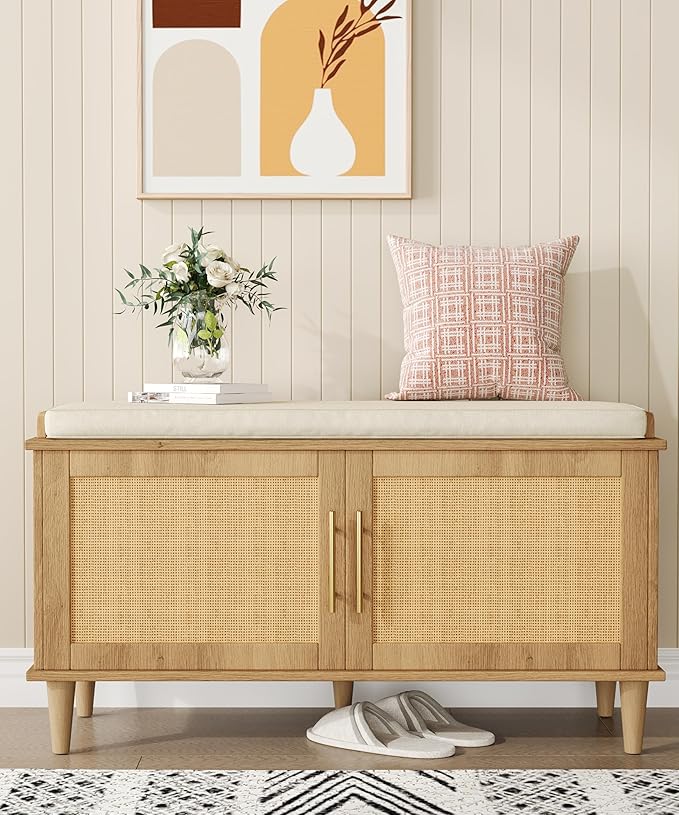 Akxomel Rattan Shoe Storage Bench with Cushion, 2-Tier Entryway Bench with Adjustable Shelves and 2 Doors, 15" D x 39.4" W x 20" H, Solid Wood Legs, for Hallway, Living Room, Bedroom, Natural Oak