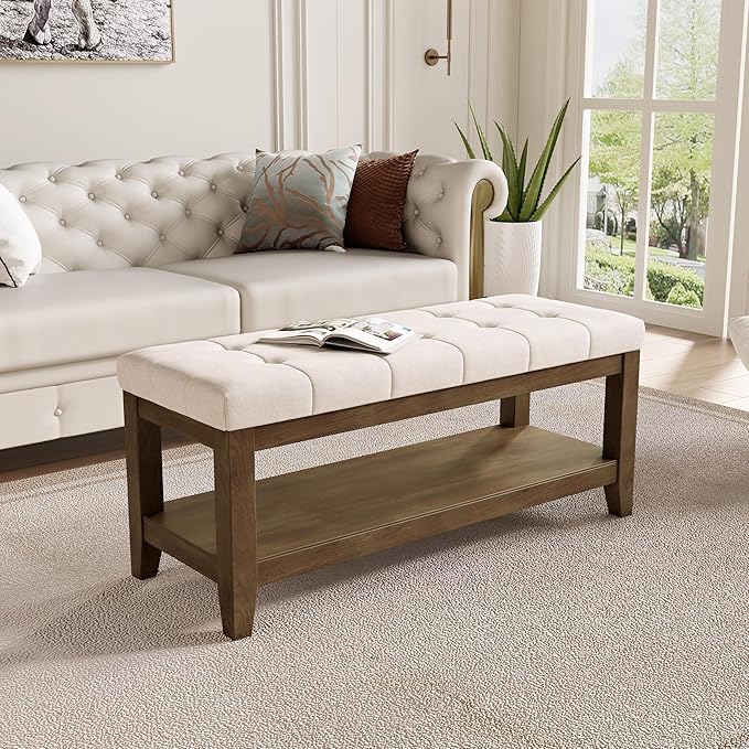 ABHENG Solid Rubber Wood Shoe Bench, Soft Chenille Material Upholstered Seat, 770LB Load Capacity, Multi-Storage for Entryway/Bedroom/Living Room, Vintage Style, 43.3"x15.7"x17.7", White,UASND65W