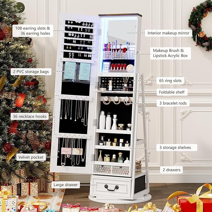 HWB Standing Full-Length Mirror Jewelry Armories, Jewelry Organizer with LED Lights 360° Swivel, Lockable Jewelry Cabinet, Jewelry Storage with Shelves & Stable Base White