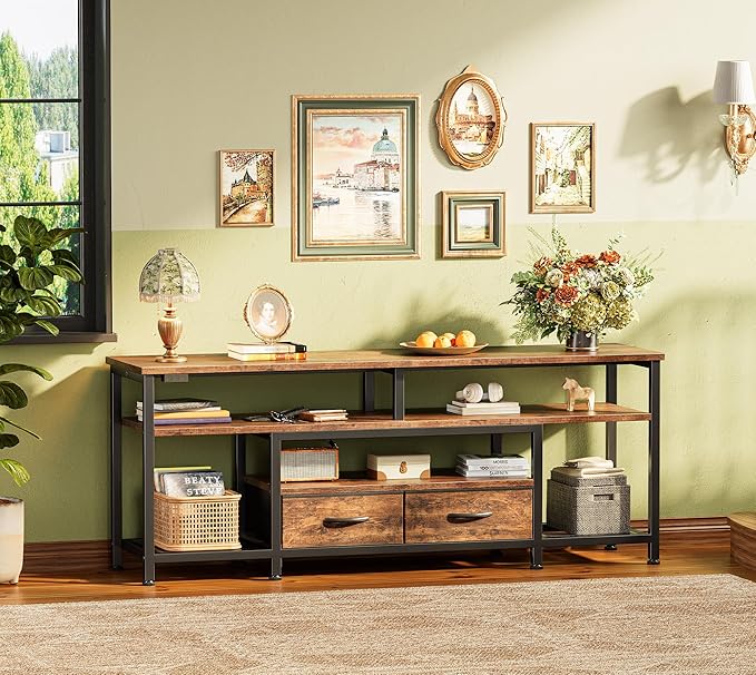 Huuger TV Stand for 55 60 Inch TV, Entertainment Center with Power Outlets and LED Lights, 54 Inch TV Console for Living Room, Media Console with Drawers and Shelves, Rustic Brown, 8778FC