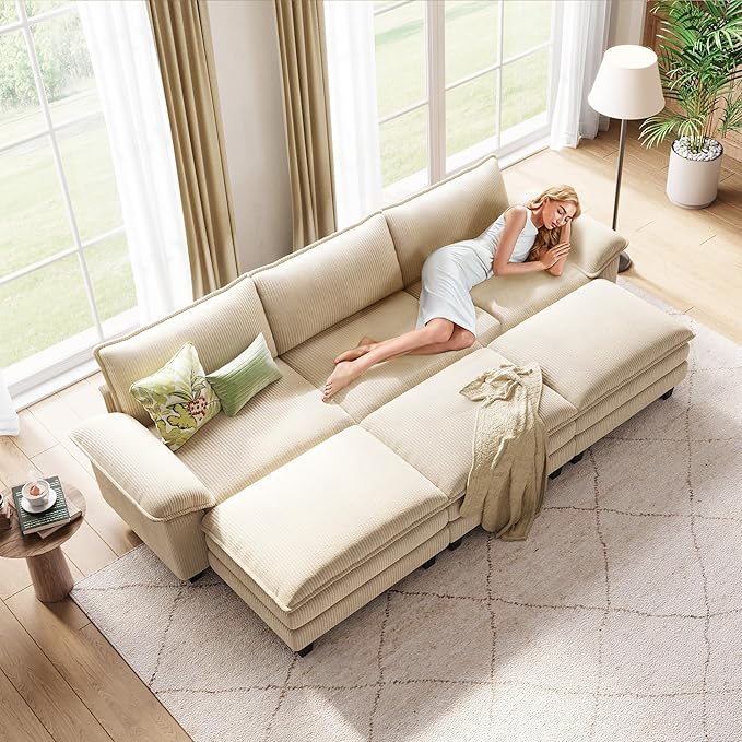 LINSY HOME 123" Modular Sectional Sofa, 3-Seat Corduroy Modern Cloud Couch with Deep Seat & 3 Movable Ottoman, Perfect for Living Room, Office, Bedroom, Beige