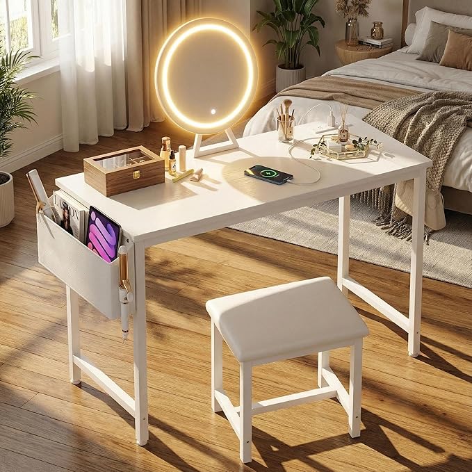 Cheap Makeup Girls Vanity Set with Mirror and Stool and Lights & Power Outlet, White Make Up Dressing Table with Chair, Kids Vanities for Bedroom 40“