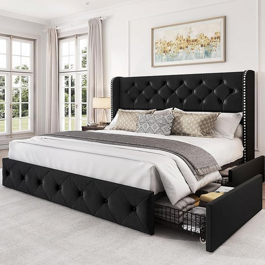 LARMACE Queen Size Bed Frame with 4 Storage Drawers and 47.2" Tall Wingback Headboard Upholstered Platform Beds Velvet Tufted Bed Frame with Wooden Slats Support, Easy Assembly, Black