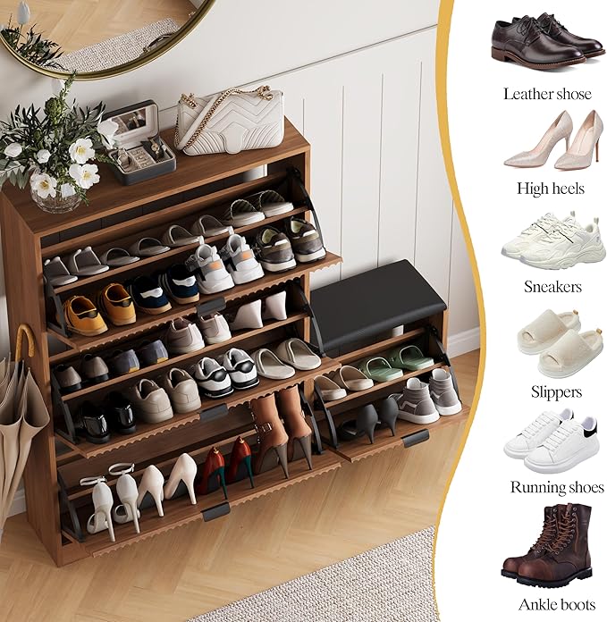 HUANLEGO Shoe Cabinet Storage for Entryway with 4 Flip Drawers, Walnut Fluted Shoe Cabinet with Bench, Wooden Hidden Shoe Rack Freestanding Narrow Slim Shoes Storage Organizer for Hallway, Entrance
