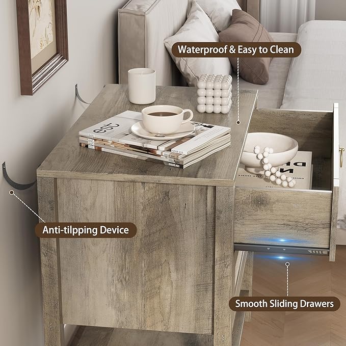 Xixini Nightstand Set of 2, Rattan Boho Bedside Table with 2 Drawers, Open Shelf & Brass Knobs, Small Mid Century Modern Night Stand, Wooden End Side Table for Bedroom, Living Room, Closet, Grey