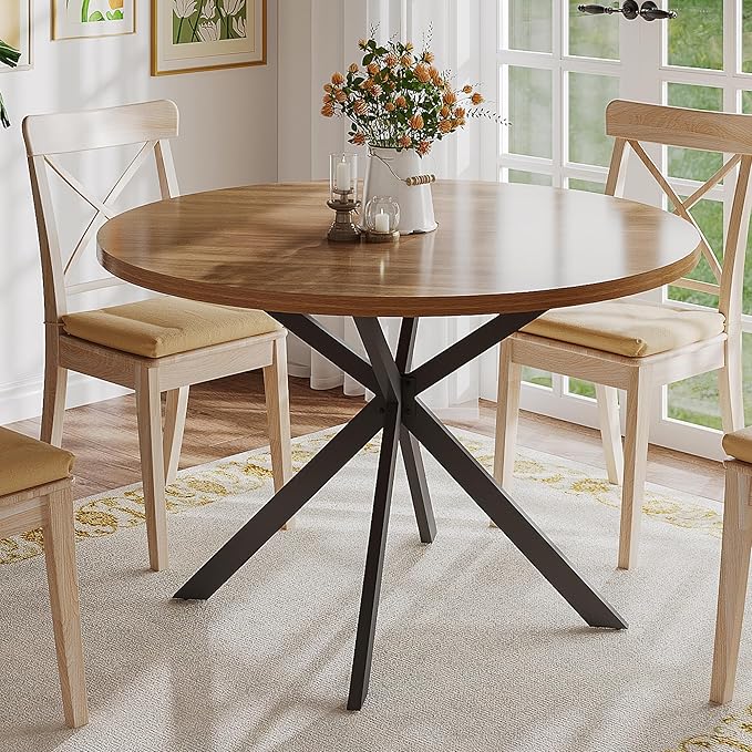 ChooChoo 47.2 Inch Round Dining Table for 4, Farmhouse Wood Kitchen Table, Round Dinner Table for Kitchen & Dining Room, Walnut