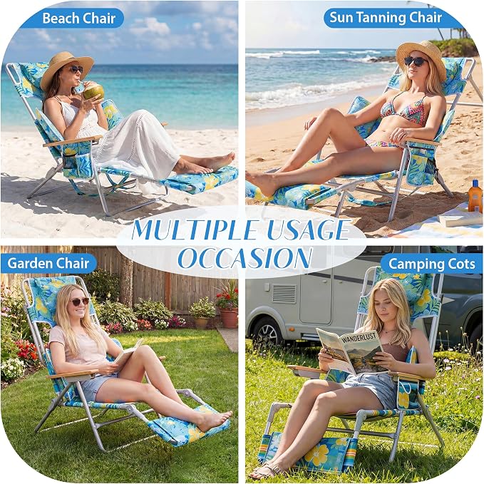 5-Positon Backpack Beach Chair, Portable Folding Tanning Chair, Double Shoulder Straps Beach Lounge Chair with Footrest, Face Hole, Towel Bar (Yellow Green, 60.6" (Set of 2))