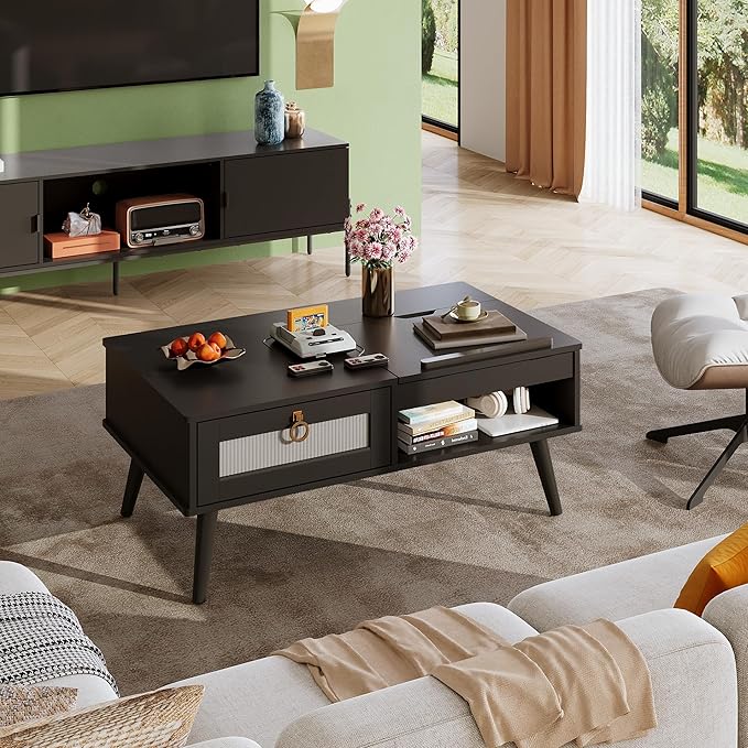 WLIVE Coffee Table, Lift Top Coffee Table with Storage Shelf, Drawer, Height Adjustable and Tilting Tabletop for Living Room, Mid Century Modern, Wood, Black