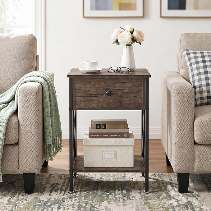 VECELO Nightstands Set of 2, Modern Bedside End Tables, Night Stands with Drawer and Storage Shelf for Living Room Bedroom, Industrial Metal Frame