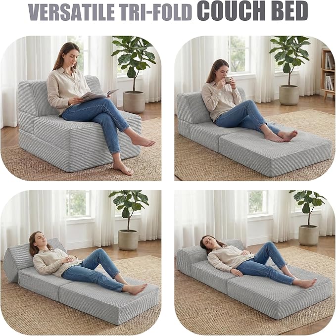 Kasunpul Folding Sofa Bed with Pillow, Memory Foam Fold Out Chair Bed, Convertible Sleeper Chair with Washable Cover, Futon Floor Couch for Living Room/Dorm/Guest Use/Home Office/Apartment, Light Grey