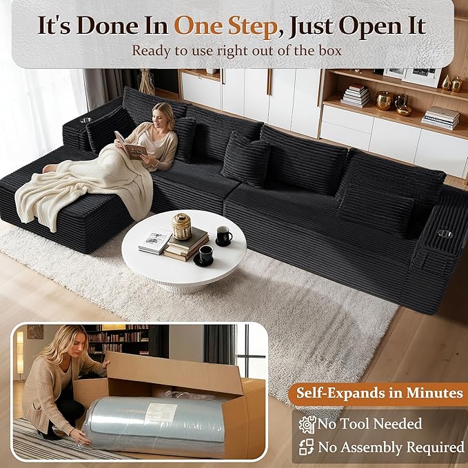 138" Cloud Sectional Couch, Comfort L Shaped Boneless Couch for Living Room, Extra Deep Seats No Assembly, Minimalist Modular Sofa, Corduroy (Black, 3 Seater+Right Facing Chaise)