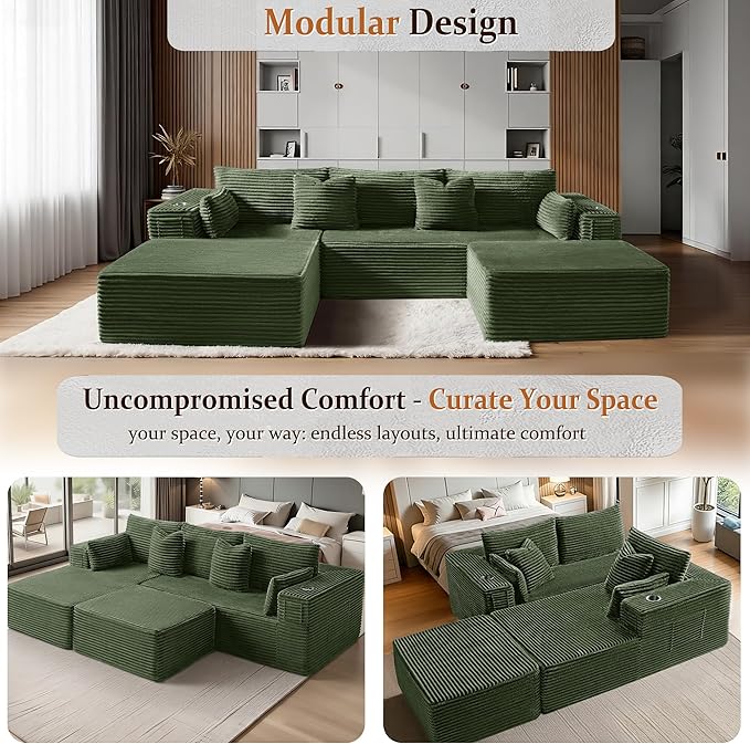 Oversized 108" Cloud Sectional Couch, Comfort U Shaped Boneless Couch for Living Room, Extra Deep Seats No Assembly, Modular Sofa, Corduroy (Olive Green, 2 Seater+Left Facing Chaise+Ottoman)