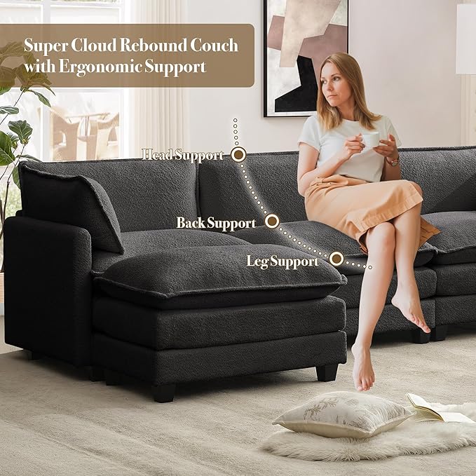 ROWHY 112'' Sectional Cloud Couch with Movable Ottoman, 4 Seat Modern Chenille Modular Sofa with 2 Throw Pillows, Deep Seat L Shaped Couch for Living Room Bedroom Apartment, Dark Grey | Sturdy Frame