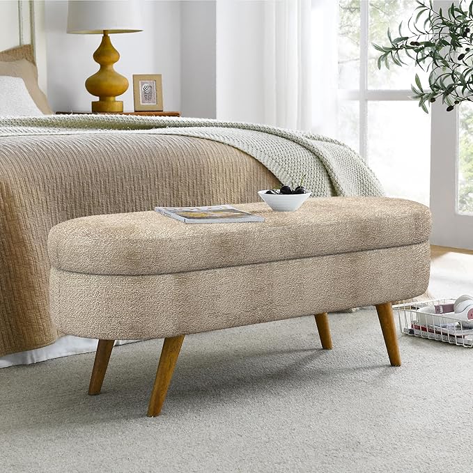 43.5" Ottoman with Storage, Storage Ottoman Bench with Safety Hinge, Foam End of Bed Bench, Upholstered Entryway Bench for Bedroom, Living Room & Window, Holds up to 330 lb, Brown