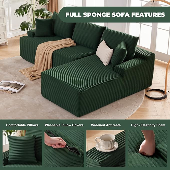 Mangodan Cloud Sectional Sofa, Boneless Couch for Living Room, Modular Sectional Sofa with Deep Seat, Fluffy L-Shaped Comfy Couch with Right-Facing Chaise, No Assembly Required, Green
