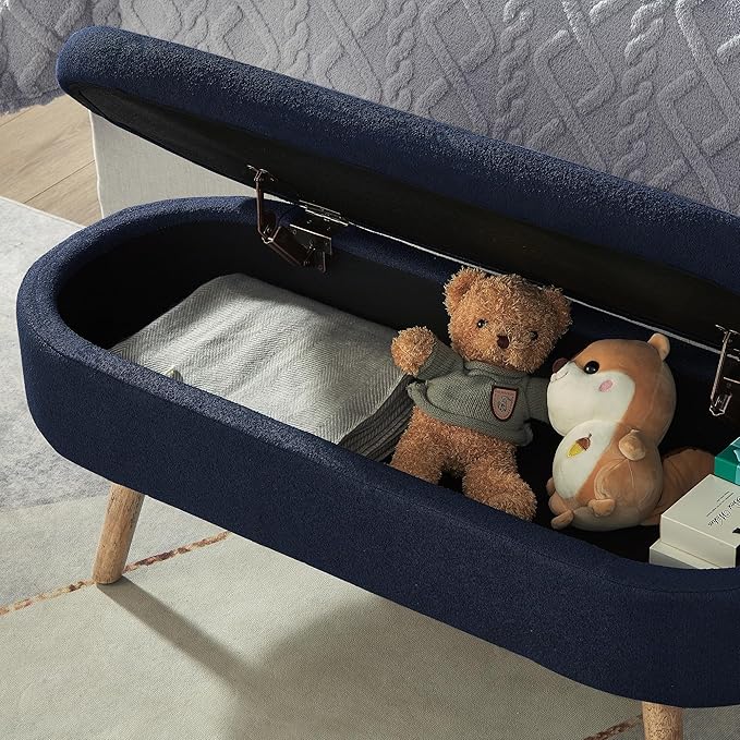 42.25" Ottoman with Storage, Storage Ottoman Bench with Safety Hinge, Foam End of Bed Bench, Upholstered Entryway Bench for Bedroom, Living Room & Window, Holds up to 330 lb, Navy Bule