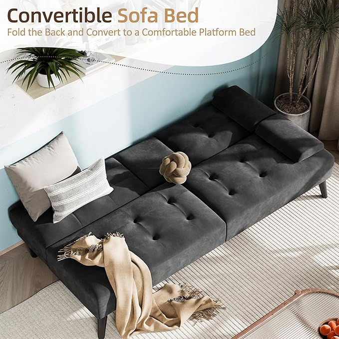 Shintenchi Futon Sofa Bed, Velvet Foldable Couch, Reclining Sleeper with Removable Armrests, Upholstered Loveseat Sofa Couch with Folding Cup Holders for Home, Office, Black